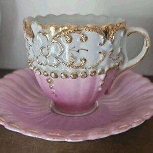 Antique 1900s Porcelain Demitasse Cup & Saucer – Pink Ombré Floral Gold Trim